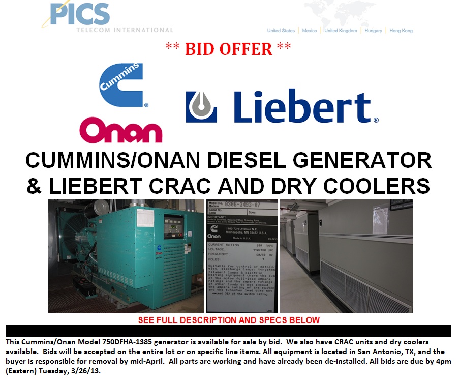 Cummins-Onan Generator & Liebert For Sale Top 3.12.13