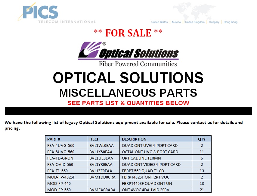 Optical Solutions Misc. Parts For Sale Top (8.13.13)