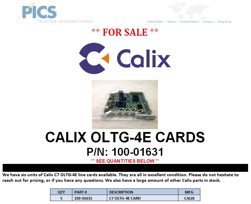 Calix OLTG-4E 100-01631 Cards For Sale Top (3.10.14)