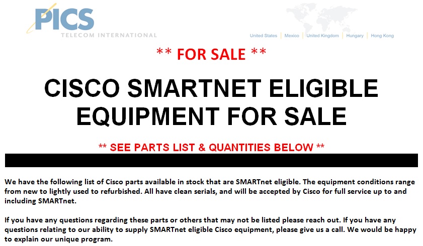 Cisco SMARTnet Eligible Equipment For Sale (3.28.14)