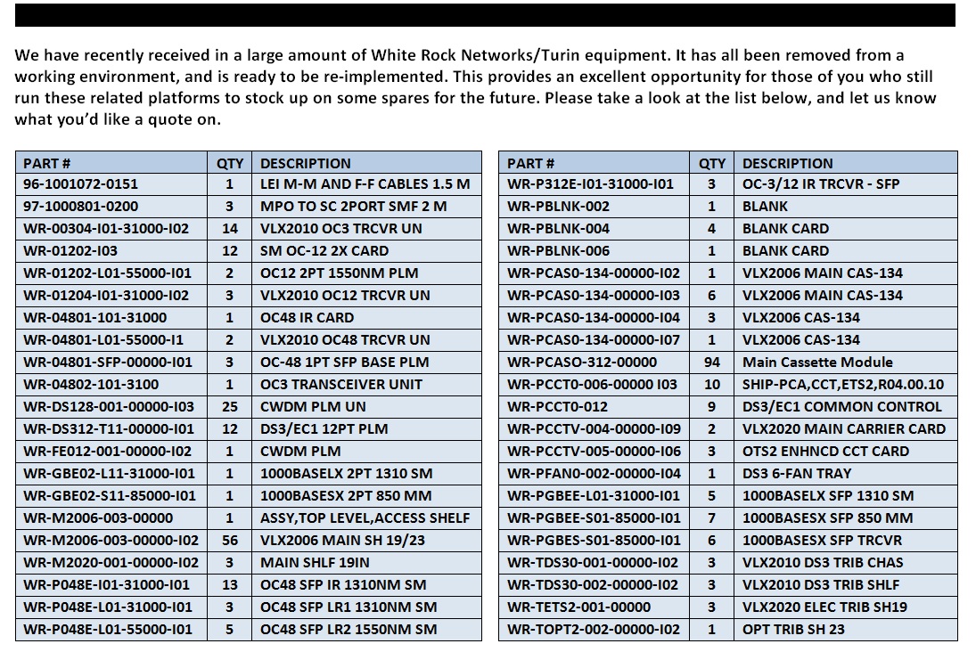 White Rock Networks Equipment For Sale Bottom (7.24.14)
