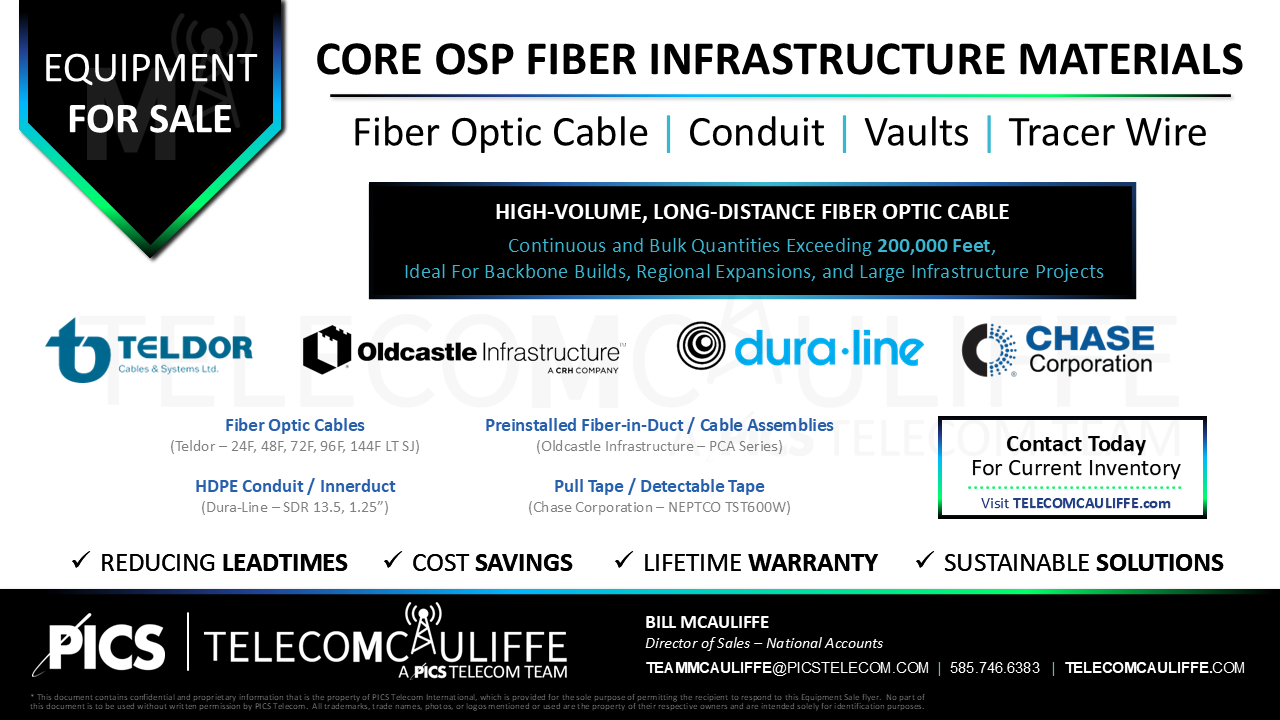 TELECOMCAULIFFE_PICS-Telecom-ForSale-Core OSP fiber infrastructure materials_Fiber Optic Cable-Conduit- Vaults-Tracer Wire_Teldor_Oldcastle_Duraline_Chase